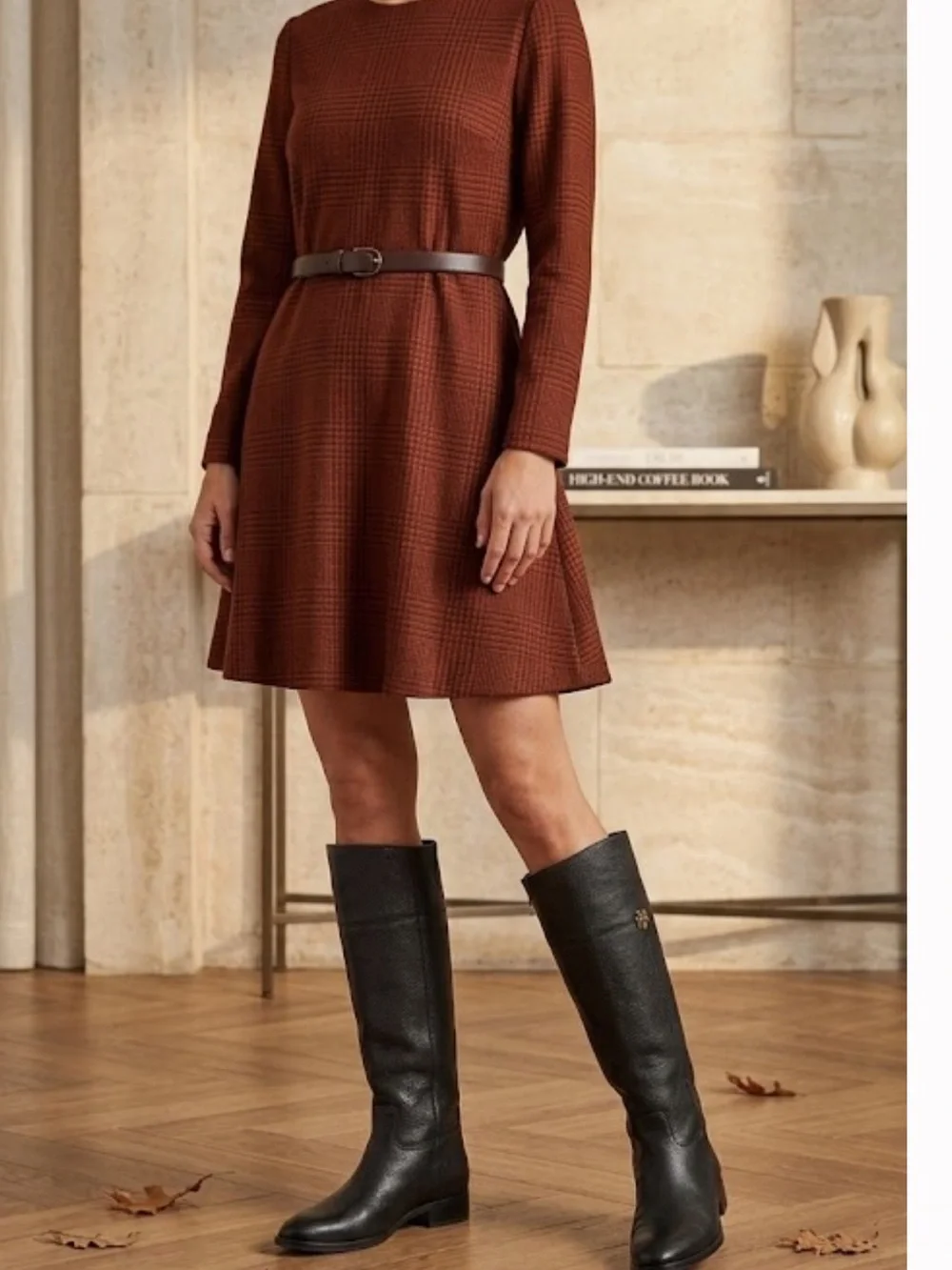 Tory Burch Black Pebbled Leather Knee Boots with Gold Logo